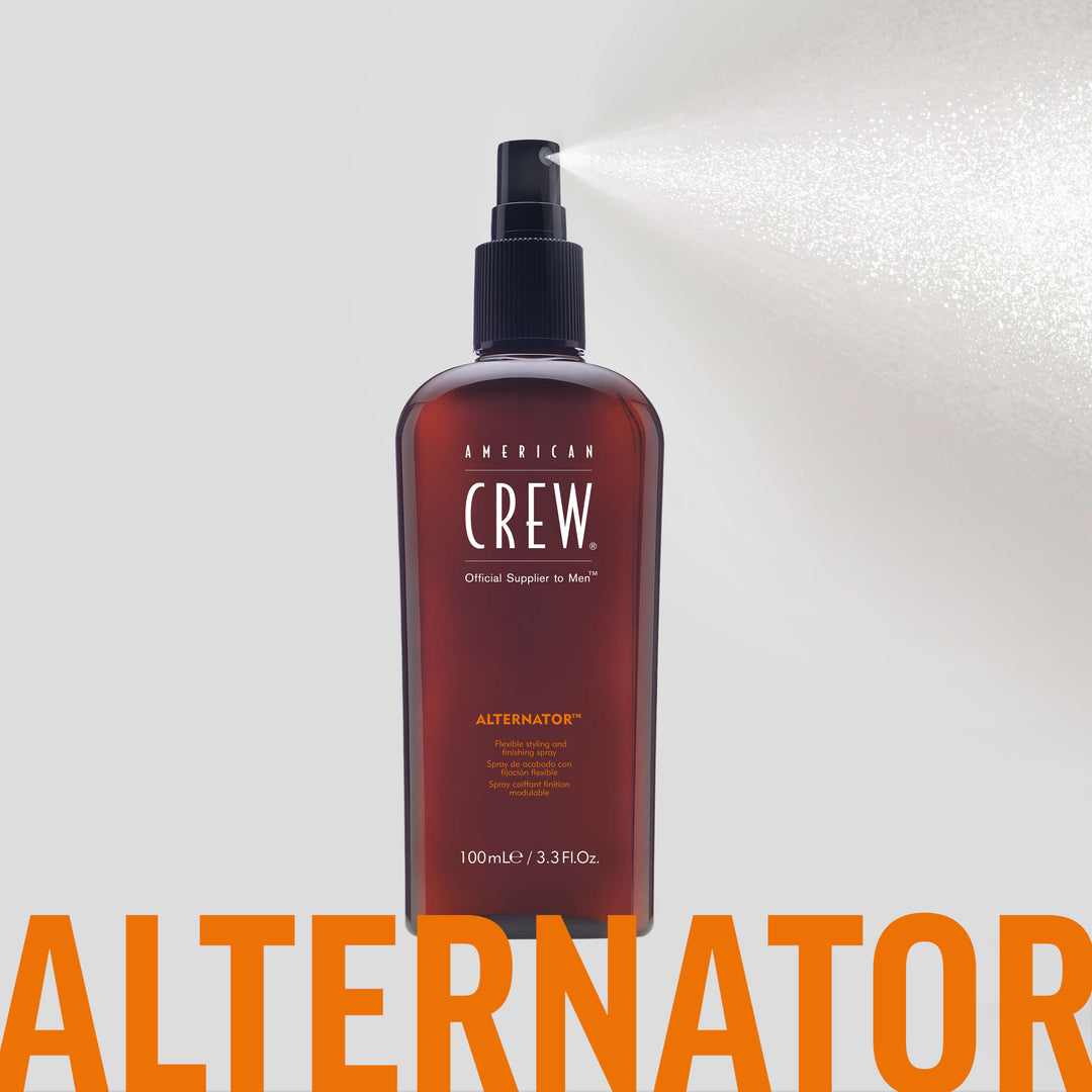 American Crew Alternator Finishing Spray with hairspray expelling from nozzle. Text on graphic states "Alternator". 