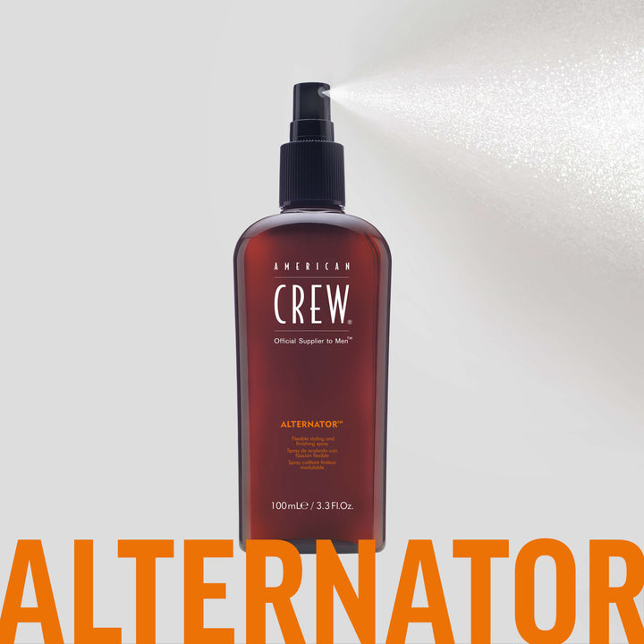 American Crew Alternator Finishing Spray with hairspray expelling from nozzle. Text on graphic states "Alternator". 