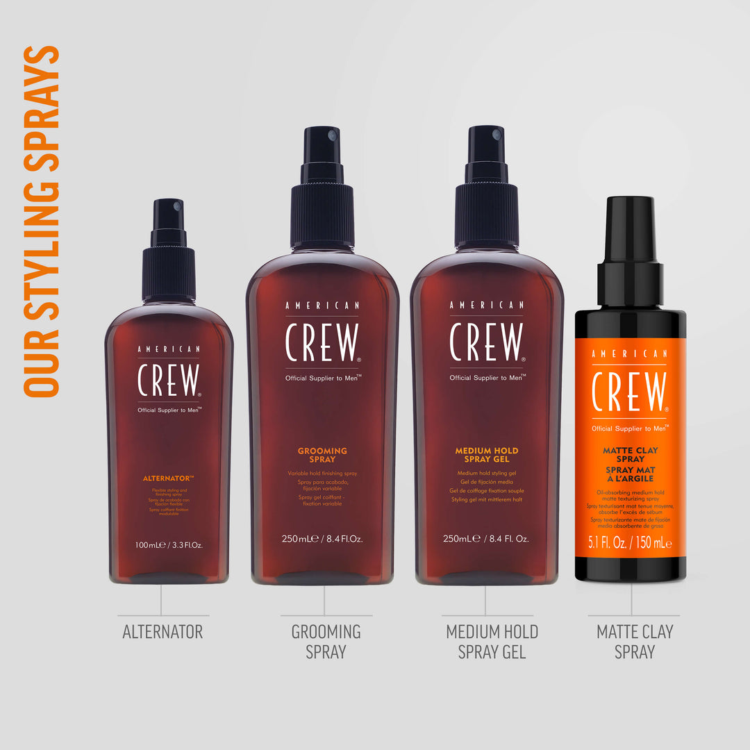 American Crew hair styling sprays on a  light gray background. From left to right, the first is Alternator, followed by Grooming Spray, then Medium Hold Spray Gel, then Matte Clay Spray. Text on graphic reads: Our Styling Spray.s. 
