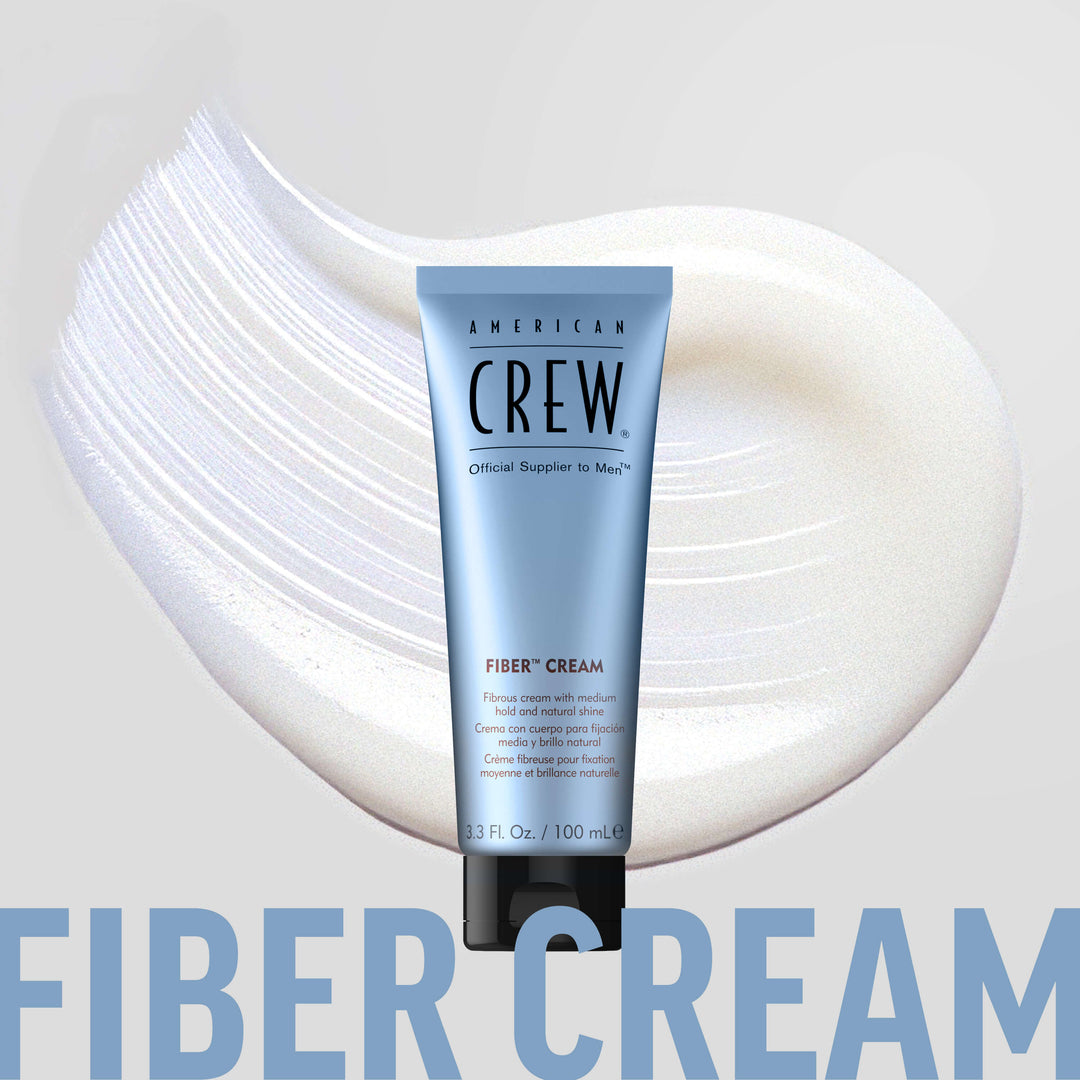 American Crew Fiber Cream with creamy bulk / texture in background. Text on graphic states "Fiber Cream". 