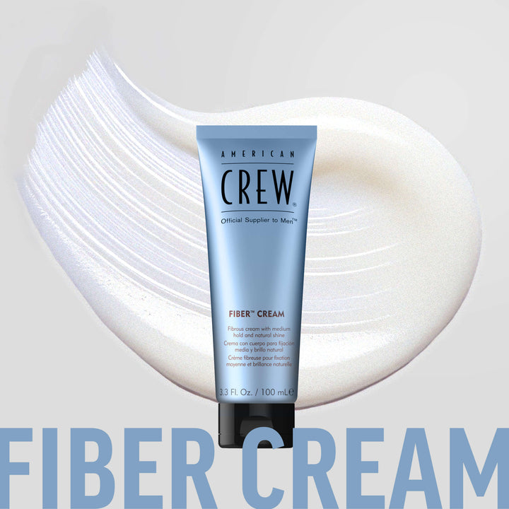 American Crew Fiber Cream with creamy bulk / texture in background. Text on graphic states "Fiber Cream". 
