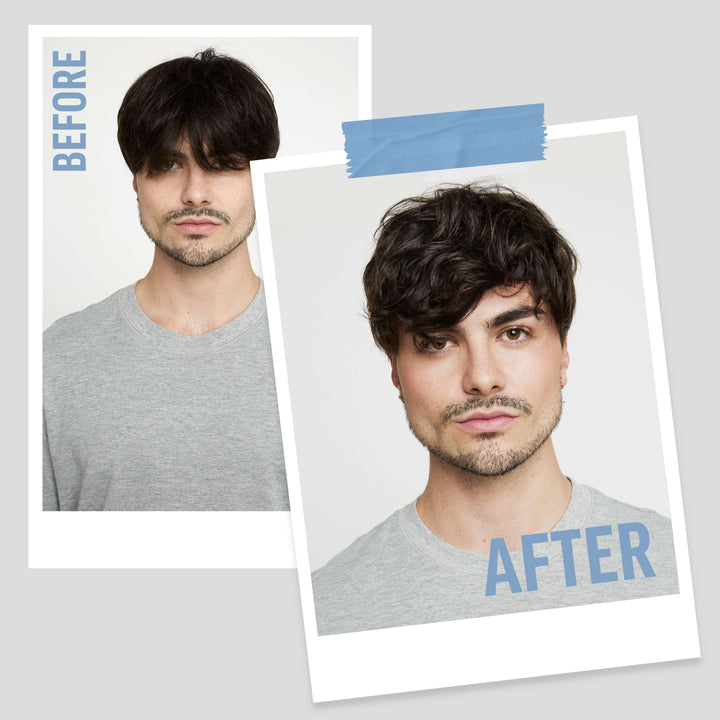Before and after comparison of Alvara Lopez Sainz Garcia with styled hair after using American Crew Fiber Cream on a gray background