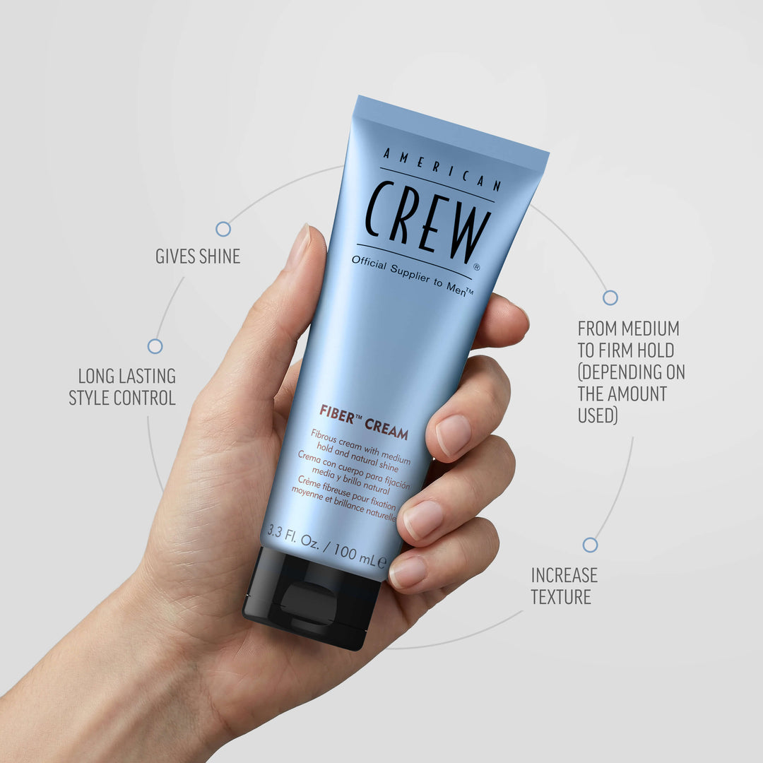 Male hand holding Fiber Cream by American Crew. Benefits listed on graphic state "Long lasting style control", "Gives Shine", "From medium to firm hold (depending on the amount used)", and "Increases texture". 