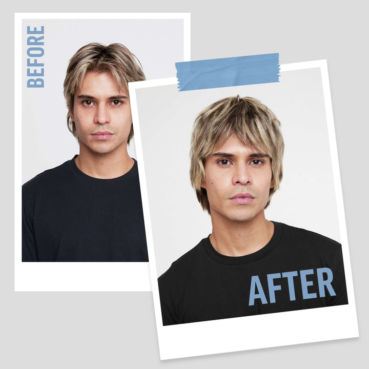 Before and after comparison of Junior Manuel Ferreira Calderon with styled hair after using American Crew Fiber Grooming Foam on a gray background