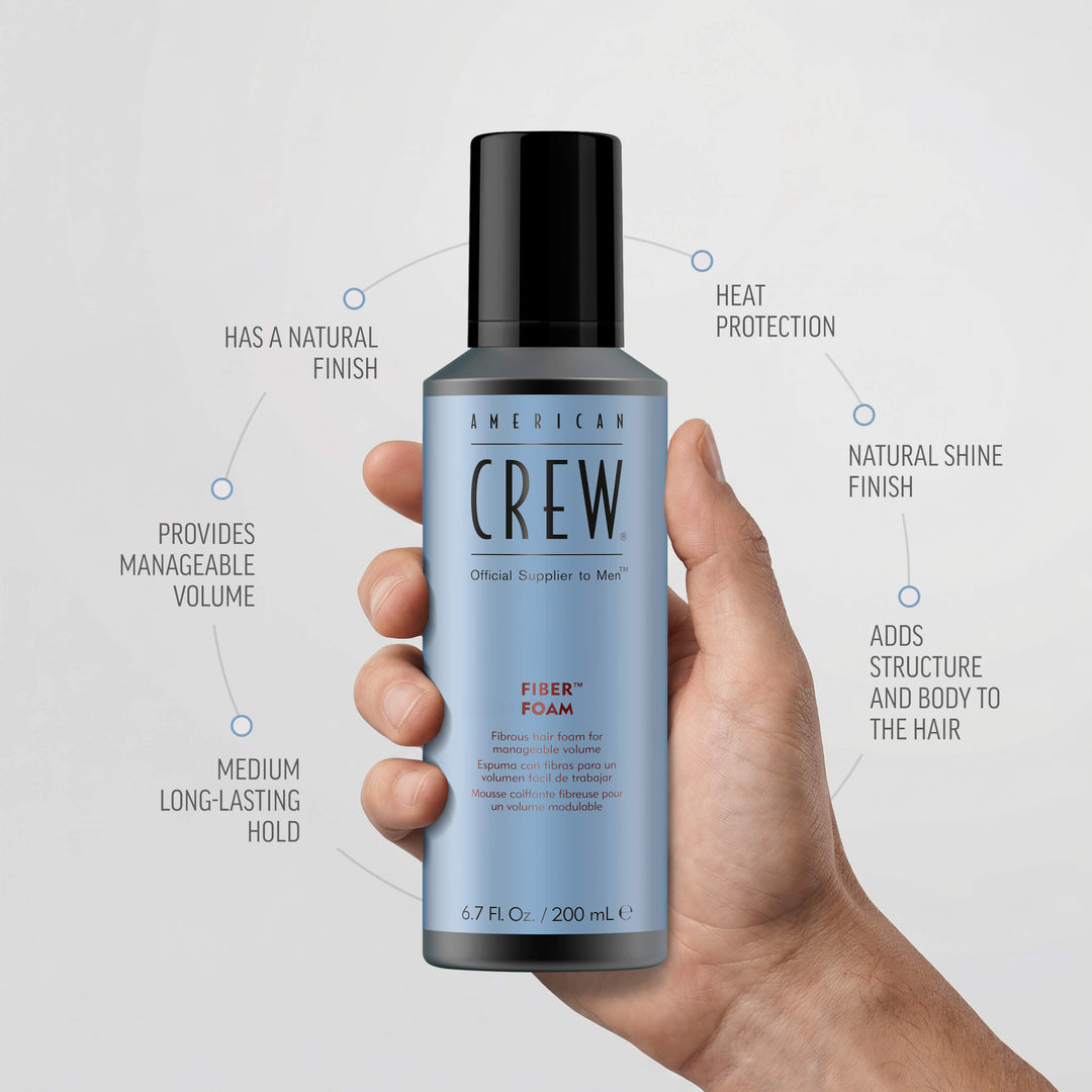 Male hand holding Fiber Grooming Foam by American Crew. Benefits listed on graphic state "Medium Long-lasting Hold", "Provides Manageable Volume", "Has a natural finish", "Heat Protection", "Natural Shine FInish", and "Adds Structure and Body to the Hair". 