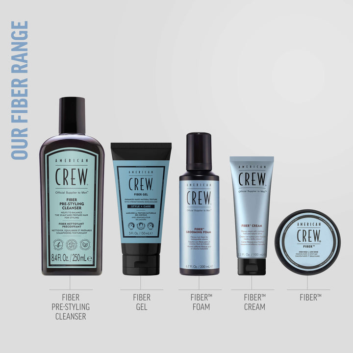 American Crew Fiber product range on a light gray background. From left to right, the first is Fiber Pre-Styling Cleanser, followed by Fiber Gel, then Fiber Grooming Foam, then Fiber Cream, then Fiber. Text on the graphic reads "Our Fiber Range". 