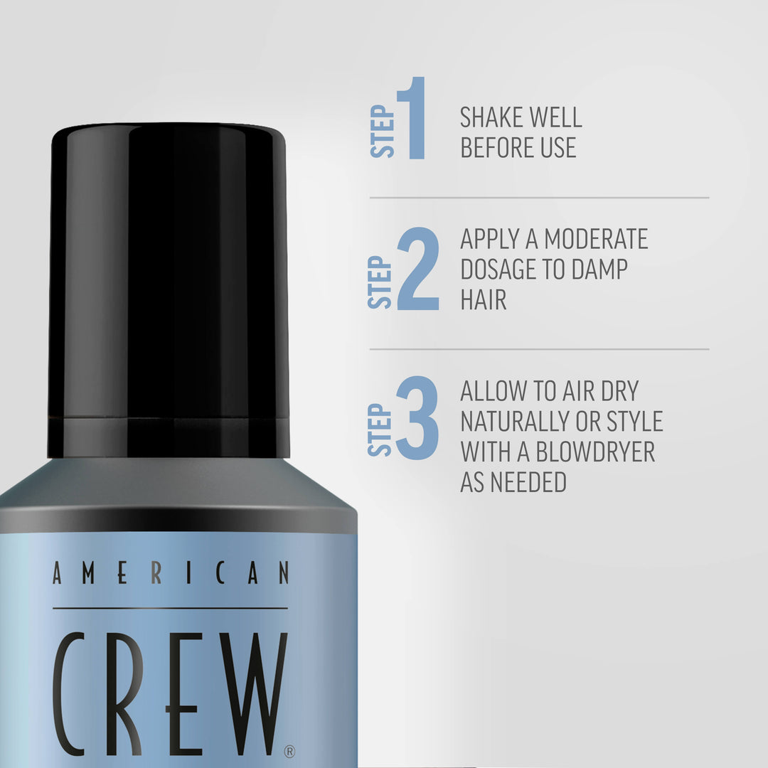 Macro-view of Fiber Grooming FOam with three steps for styling. Step 1: Shake well before use. Step 2: Apply a moderate dosage to damp hair. Step 3: Allow to air dray naturally or style with a blowdryer as needed. 