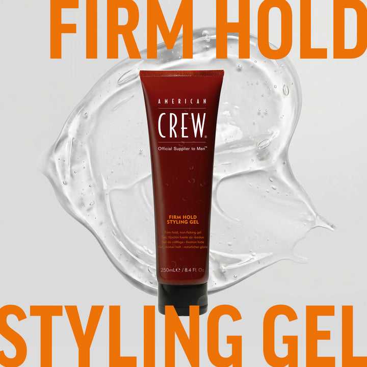 American Crew Firm Hold Styling Gel with clear gel bulk in background. Text on graphic states "Firm Hold Styling Gel". 