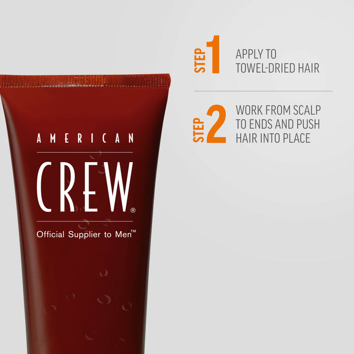 Macro-view of Light Hold Styling Gel with two steps for styling. Step 1: Apply to towel-dried hair. Step 2: Work from scalp to ends and push hair into place. 