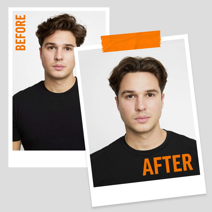 Before and after comparison of Dragan Mikulic Moragues with styled hair after using American Crew Grooming Spray on a gray background