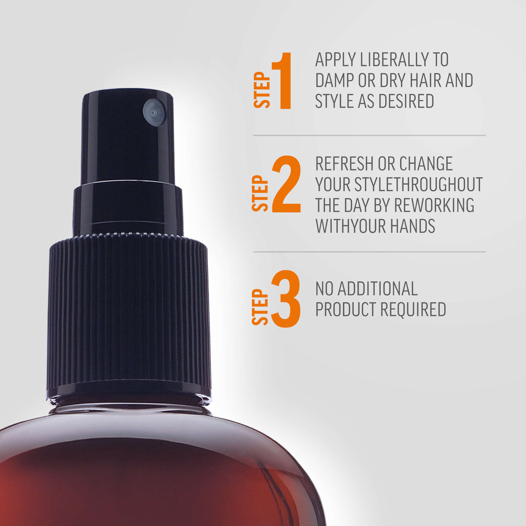 Macro-view of Grooming Spray with three steps for styling. Step 1: Apply liberally to damp or dry hair and styled as desired. Step 2: Refresh or change your style throughout the day by reworking with your hands. Step 3: No additional product required. 