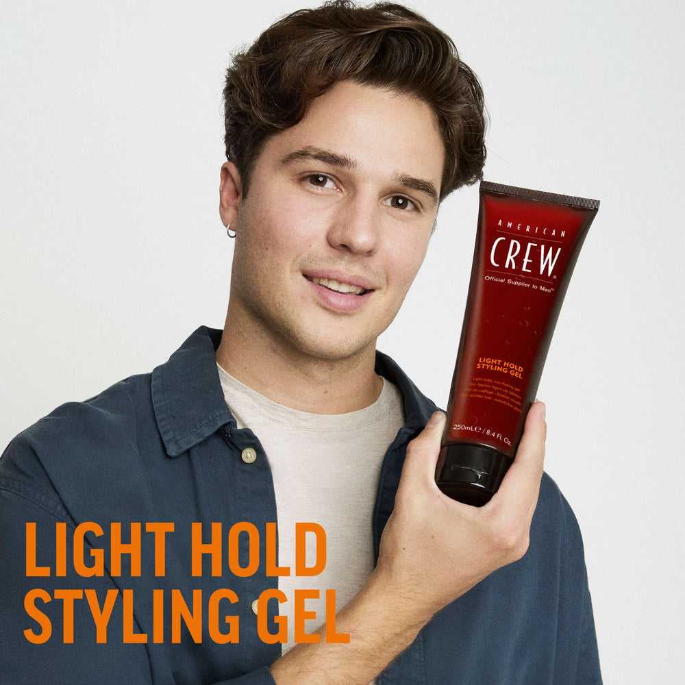 Finished Beauty Image. Dragan Mikulic Moragues holding Light Hold Styling Gel by American Crew