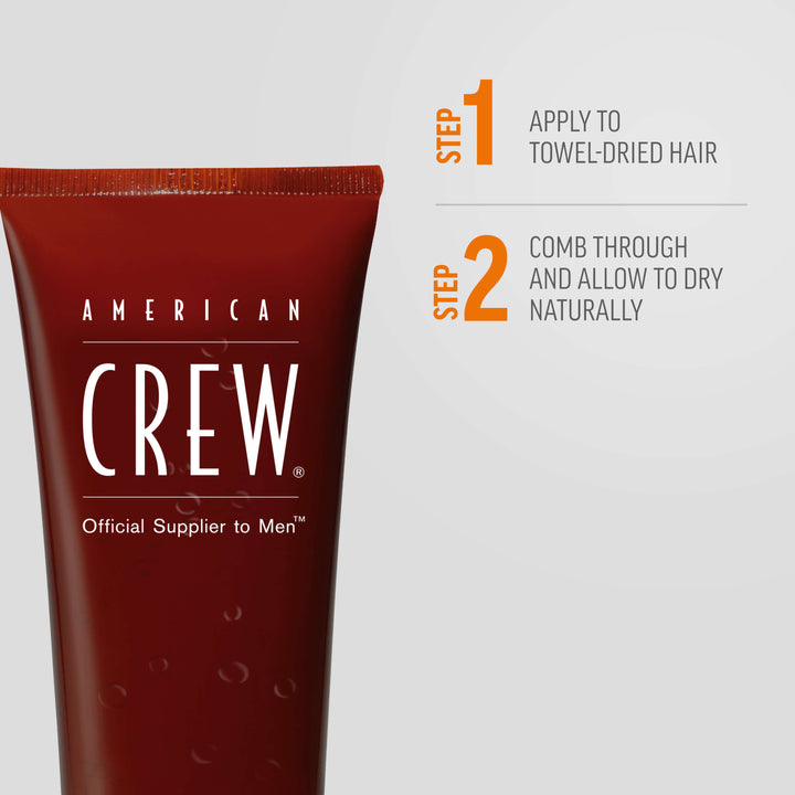 Macro-view of Light Hold Styling Gel with two steps for styling. Step 1: Apply to towel-dried hair. Step 2: Comb through and allow to dry naturally. 